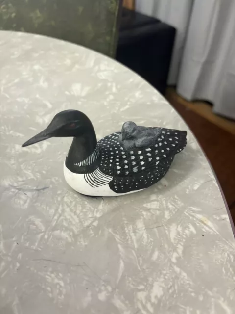 Loon Bird/Duck Ceramic Figurine With Baby Loon/ Duckling On Its Back 5.5"x2.5"