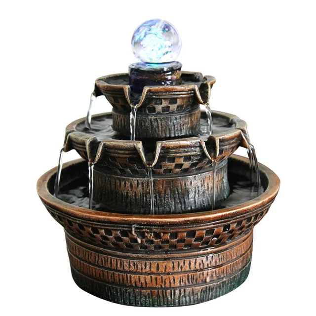 3-Tier Indoor Water Fountain Tabletop Waterfall Desktop Zen Decor w/ LED Light