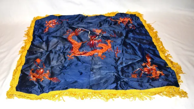 Antique Asian Orange Embroidered Dragons on Navy Blue Silk Fringed Cover Panel