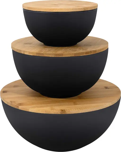 Salad Bowl with Lid - Large Salad Bowl Set of 3 with Wooden Lids, Bamboo Fibre l