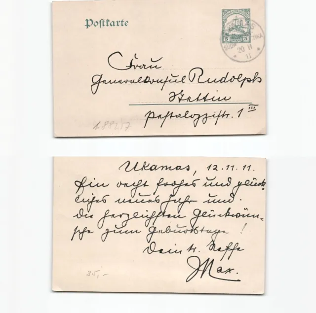 (b88257)   Deutschsüdwestafrika Ganzsache 1911 von Ukamas nach Stettin, Abs