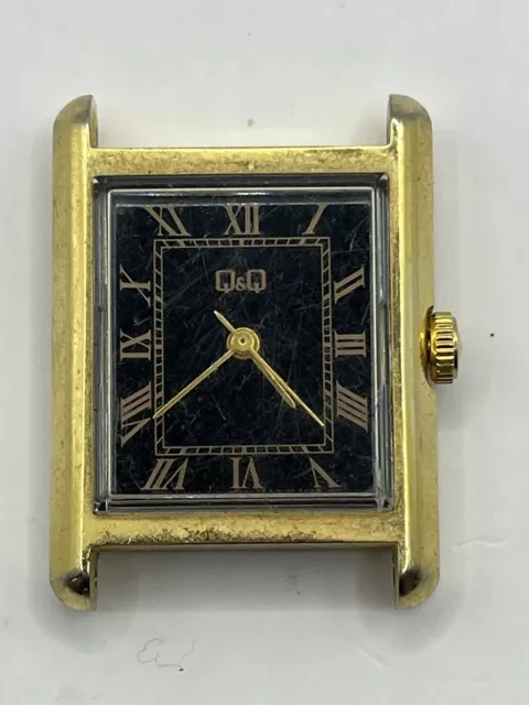 Q&Q Black Dial Gold Tone Watch Face Untested For Parts / Repair See Photos 25mm