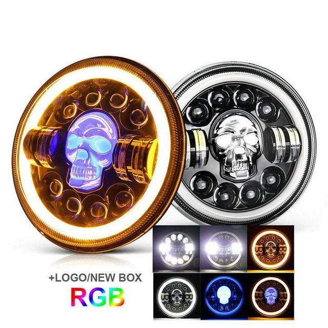 2x 7" inch Round RGB Skull LED Headlights Halo DRL For Jeep Wrangler JK LJ TJ CJ