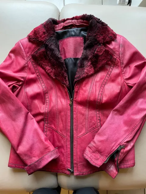 BIBA Damen Lammleder Jacke Gr. 42, magenta-bordeaux, m. abnehmb. Fakefur-Kragen