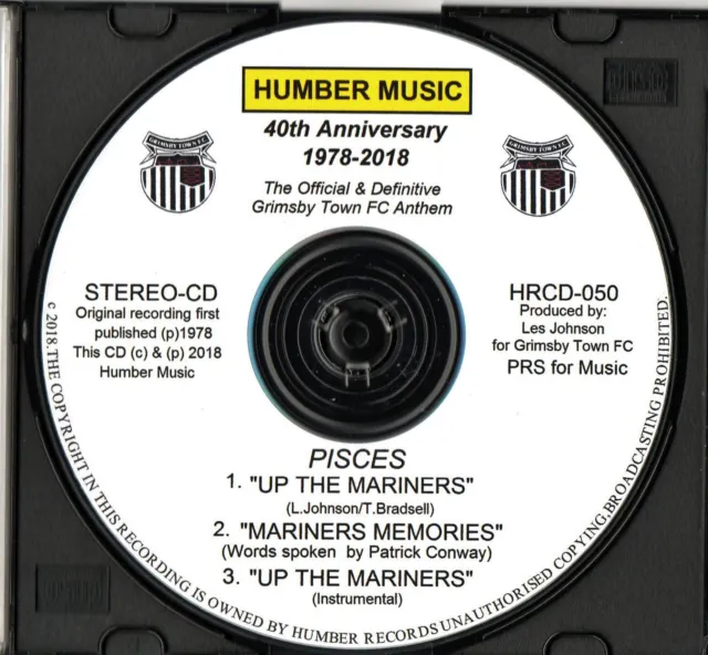Grimsby Town FC  'Up The Mariners' original  recording by Pisces. 3 Track CD. 2