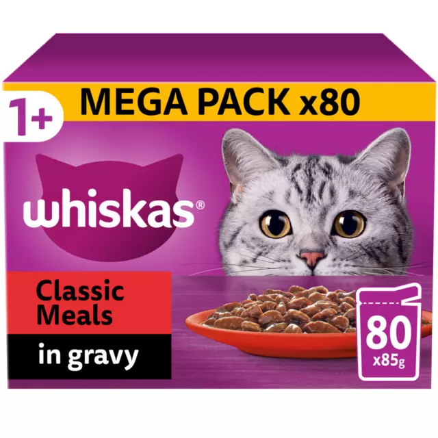 80 x 85g Whiskas 1+ Mixed Meaty Meals Adult Wet Cat Food Pouches in Gravy
