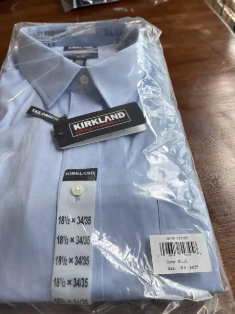 Nwt Mens Kirkland Signature Blue 18 1/2 X 34/35 Tailored Fit Button Up Collard