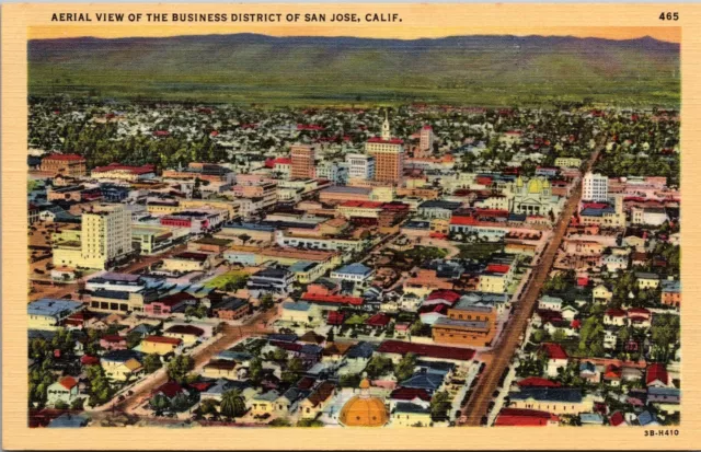 San Jose CA Aerial View of Business District Old Linen Vtg Postcard View Unused
