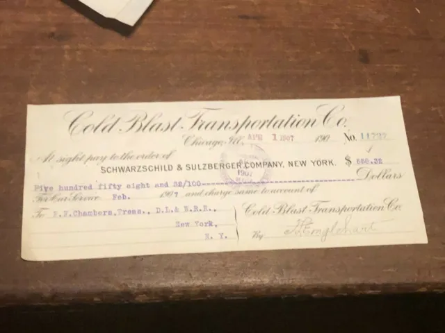 1907 Vintage Railroad Bank Check Chicago, IL Cold Blast Transportation Co DL&W
