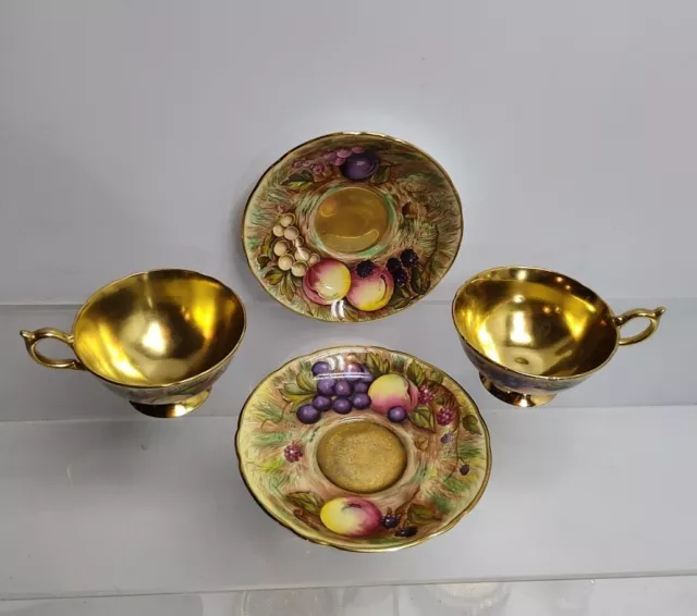 (2) VTG Aynsley Gold Fruit Orchard Teacup Saucer Cup Sets, Green Mark, SIGNED 2