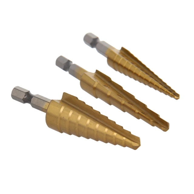 3pc Titanium Cone Step Drill Bit Set HSS Cobalt Hole Large Cutter Tool Hex Shank