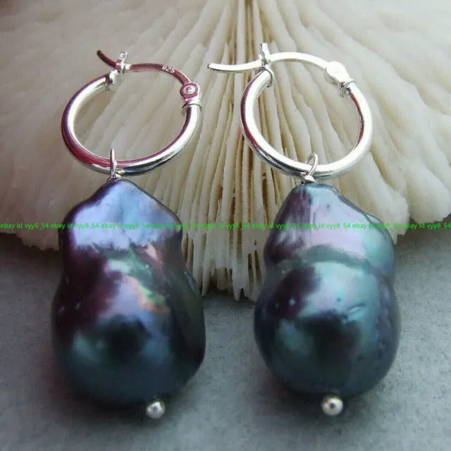 18-25mm Natural Peacock Black Baroque Edison Keshi Pearl Dangle 14K GP Earring