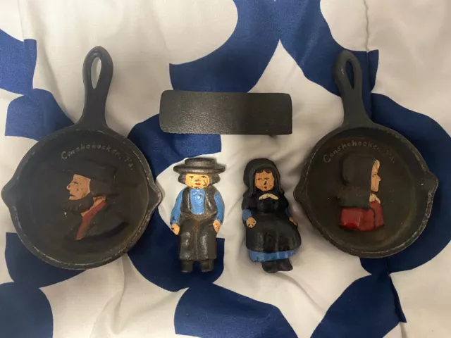 Vintage Cast Iron Amish Figures Sitting On Bench 2" & 2 Mini Amish Ashtray Rare