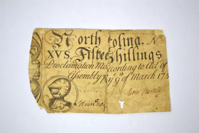 North Carolina March 9, 1754 15s VG/Fine; with backing, damage, repairs.