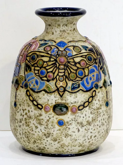 CZECHOSLOVAKIA Vintage AMPHORA Jeweled BUTTERFLY Czech ART NOUVEAU DECO Pottery