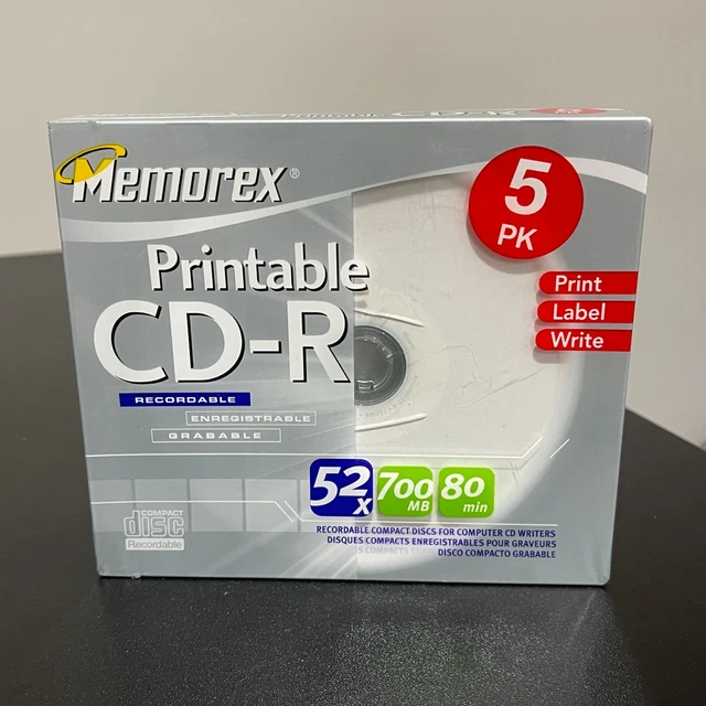 NEW MEMOREX PRINTABLE Recordable Blank CD R 5 Pack 52x 700MB 80 Min NEW MEMOREX PRINTABLE Recordable Blank CD R 5 Pack 52x 700MB 80 Min