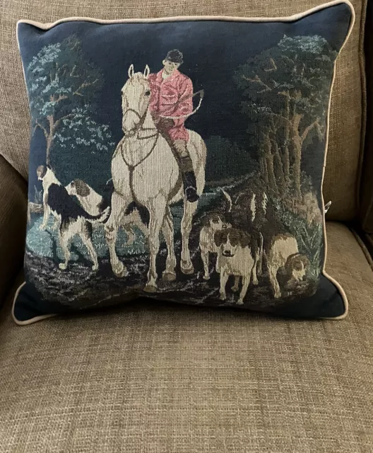 Riverdale Throw Pillow Fox Hunting Tapestry 15" Horse Dogs Equestrian Hound USA