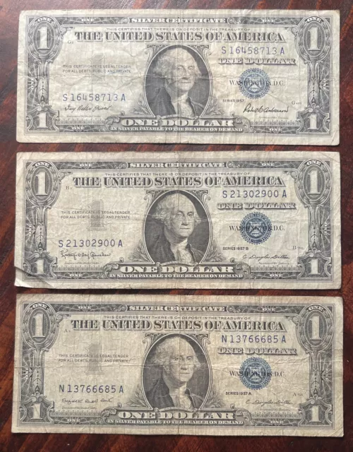 1957 A,B 3 Notes - $1 DOLLAR BILL SILVER CERTIFICATE BLUE SEALS :