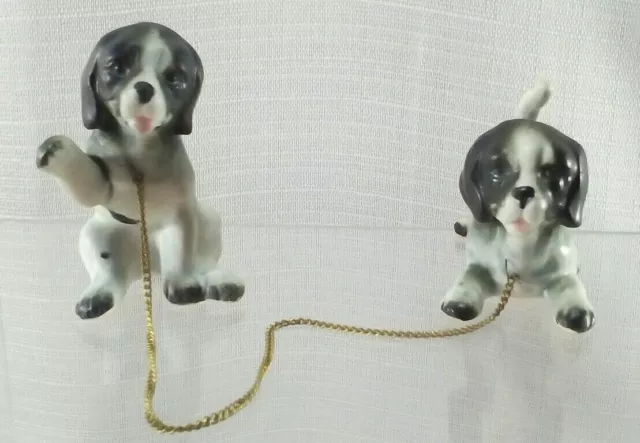 Dalmatian Dog Puppy Figure LOT of 2 Ceramic Mini Vtg 3" with chain playful