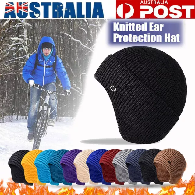 Winter Warm Mens Knitted Beanie Hat With Earflaps Russian Outdoor Ski Skull Caps