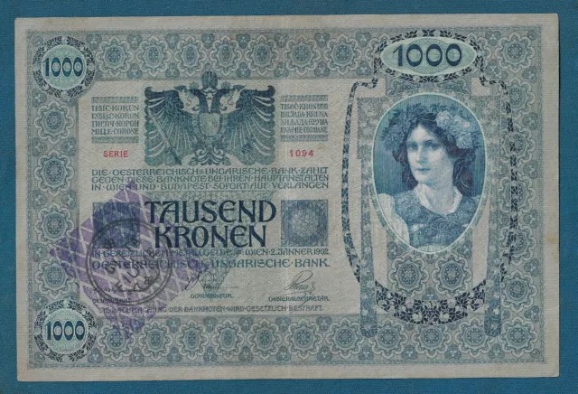 1000 Kronen 1902. handstamp CITTA DI FIUME Croatia, Austria Hungary banknotes !