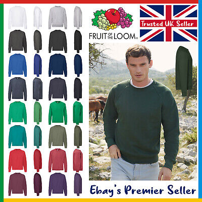 Mens Plain Sweatshirt - Fruit of the Loom Classic Top - Raglan Jumper 17 Colours
