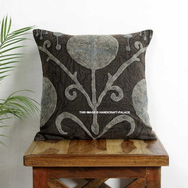 Floral Ouzbek Suzani Coussin Rond Housse Indien Brodé Oreiller Décoratif 40.6cm