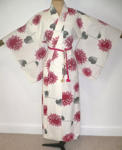Abito Da Toeletta Kimono Vintage Giapponese Avorio Yukata Cotone + Corda Cintura Di Seta