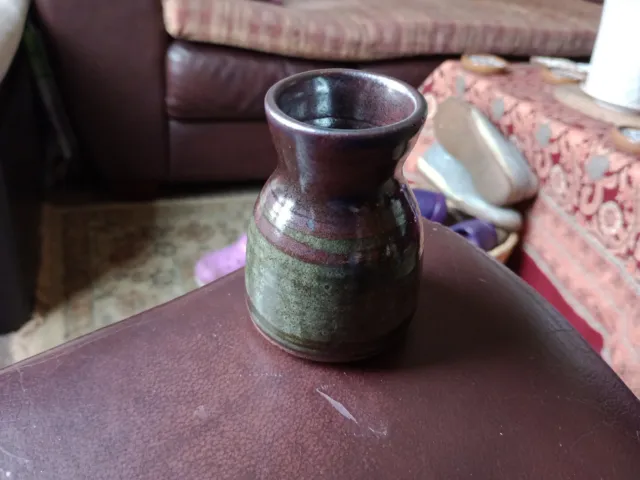 Studio Pottery Green & Brown Glaze Bud Vase/Pot no mark. 3.5" Tall, 1.75"Rim Dia