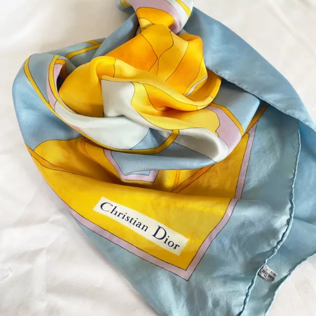 Vintage CHRISTIAN DIOR Silk Scarf Blue Yellow Floral Designer Neckerchief logo