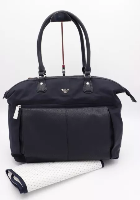 NWT Emporio Armani Junior Navy Blue Leather Nylon Baby Diaper Bag Tote New