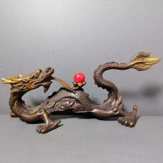 Chinese Old copper gilt handmade dragon playing red bead statue