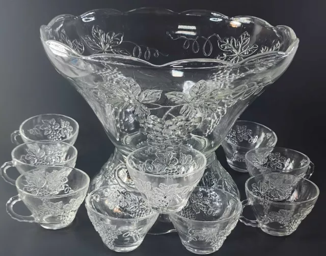 Anchor Hocking Grape Harvest Punch Bowl Set Stand 9 Cups Ladle 1960s Glassware