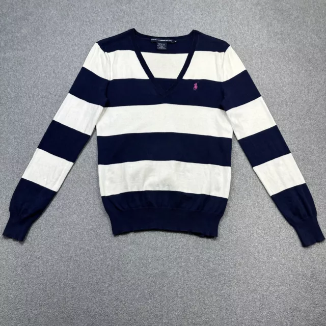 Ralph Lauren Sport Sweater Womens Medium Blue Stripe V Neck Pima Cotton Casual