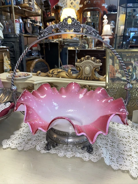 Antique brides basket w/ silver holderpink bowl