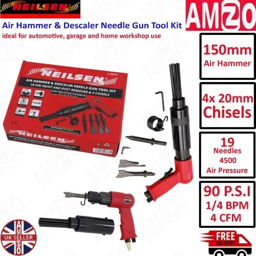 150mm Air Hammer Drill Gun With 4 X Chisels + Needle Descaler Paint Rust Remover