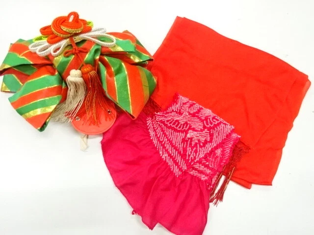 37552# Japanese Kimono / Ribbon Tsukuri Obi Set For Girls / Woven Bamboo
