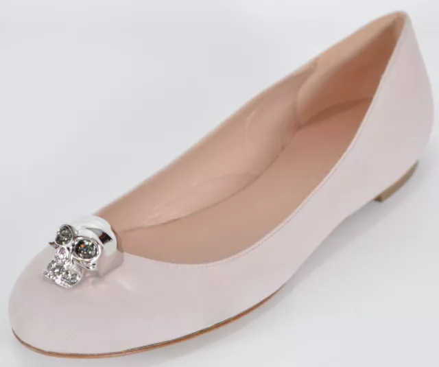 New Alexander McQueen Pink Suede SKULL Hardware Ballet Flats Shoes 37.5 7.5