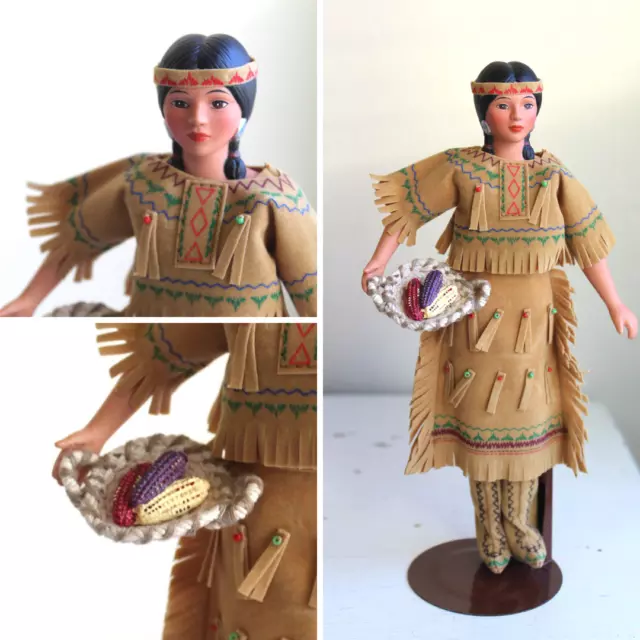 Vintage 90s American Indian Inspired Porcelain Doll Basket Corn Metal Stand
