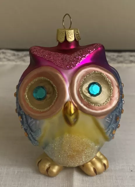 Pier 1 Blown Glass Owl Bright Colorful Bird Christmas Ornament Glitter Jewels