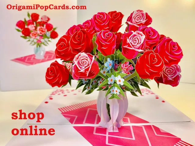 Origami Pop Cards Spring Roses in Vase 3D Pop Up Greeting Card Happy Birthday
