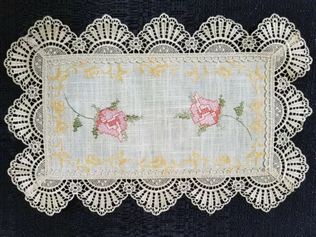 Table Runner w/Embroidered English Rose & Antique European Lace 11.5x17.5" Beige