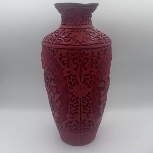 Vintage Late 20th Century Cinnabar Chinese Red Lacquer Carved Vase Flowers