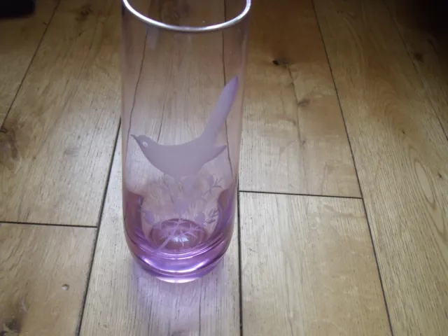 Caithness Etched Amethyst Glass Vase, Etched With Warbler Bird, Signed