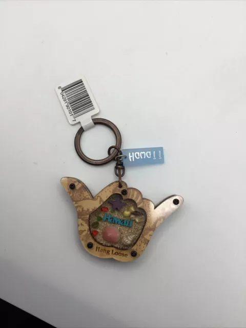 NWT “Hang Loose” Hawaii Wood keychain encased sea shells sand Fast ship 🏝️🐚