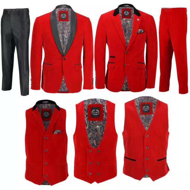 Mens Red Velvet Vintage 3 Piece Suit Tuxedo Blazer Coat Waistcoat Black Trouser