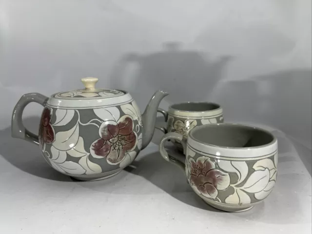 Antique Japanese Incised Peony Teapot Teacup Set of Three (3)