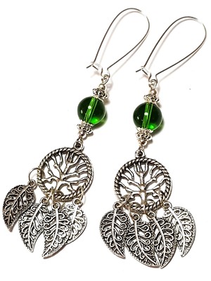 CHIC Argento Albero Della Vita Orecchini Pendente Vetro Verde Perlina Gitano Chic 