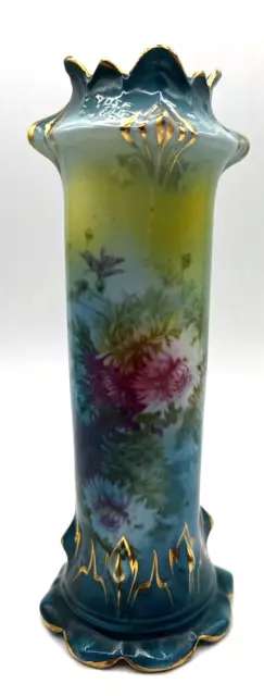 Royal Vienna Cylinder Vase-Blue Back-Heavy Gold-Wild Floral Decor   9"