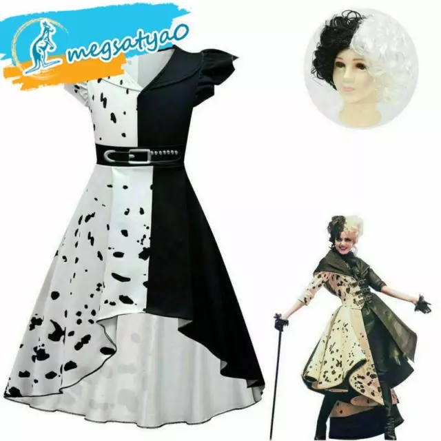 Cruella de Vil Costume Fancy Dress Wig Halloween Cosplay Party Girls Kids Outfit